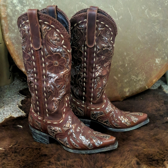 LANE "Poison" floral Chestnut brown & metallic snakeskin underlay cowgirl boots - Picture 7 of 16